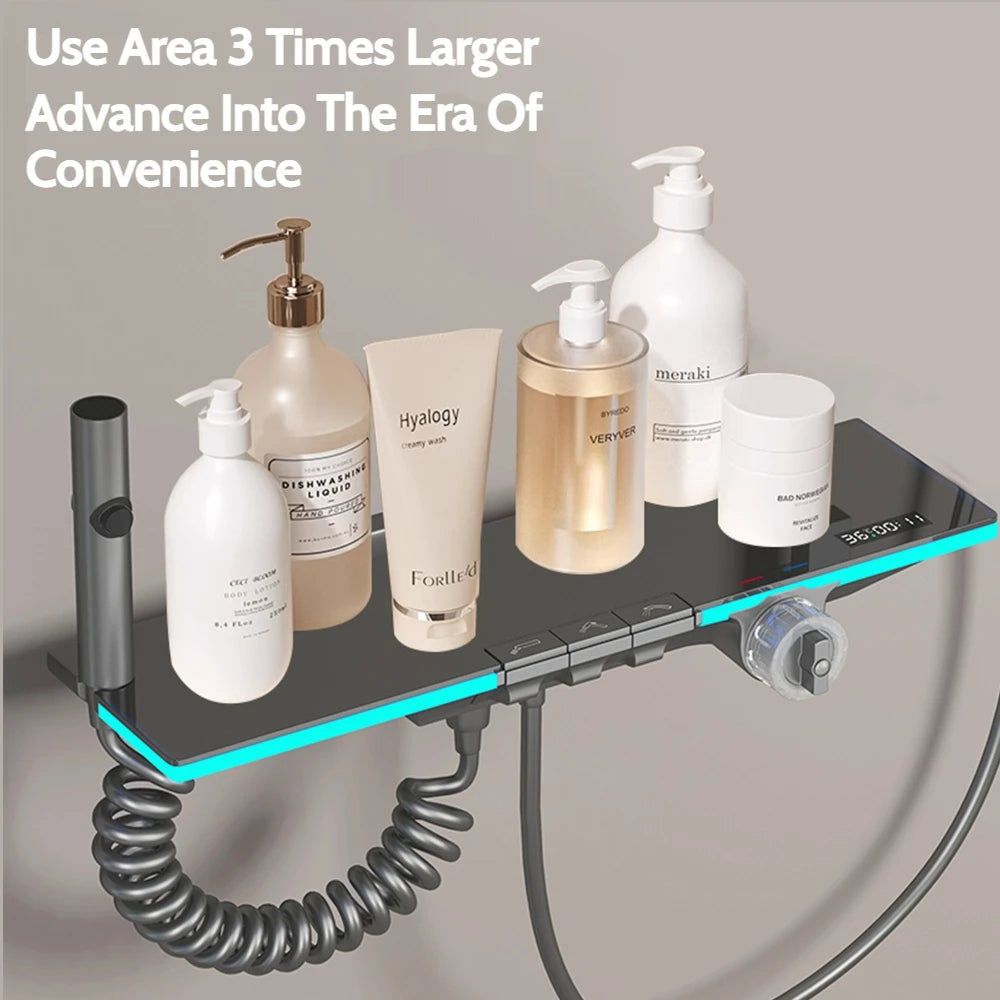 Grey Brass Waterfall Wall Mount Smart Temperature Digital Display Bathtub Faucet Bathroom Faucet Bath Shower Faucet Mixer Crane