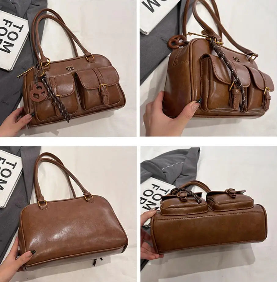 Women's Coffee Brown Multi-Pocket Handbag Shoulder Bag, Stylish Versatile Letter Crossbody Purse for Travel Work Shopping Dates