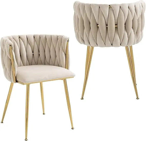 Velvet Dining Chairs Set of 2, Woven Upholstered Dining Chairs with Gold Metal Legs, Modern Accent Chairs for Living Room,