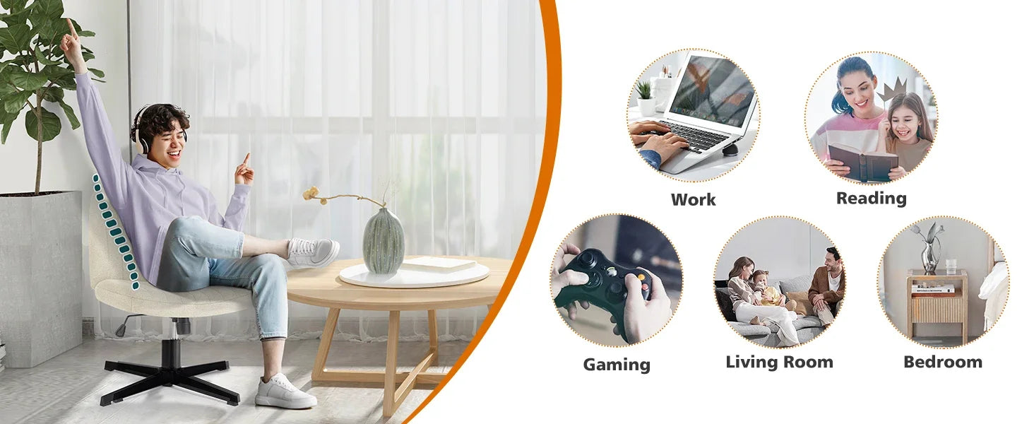 Armless Office Chair Adjustable Swivel Rocking Gaming Cross Legged Wide Desk Fabric