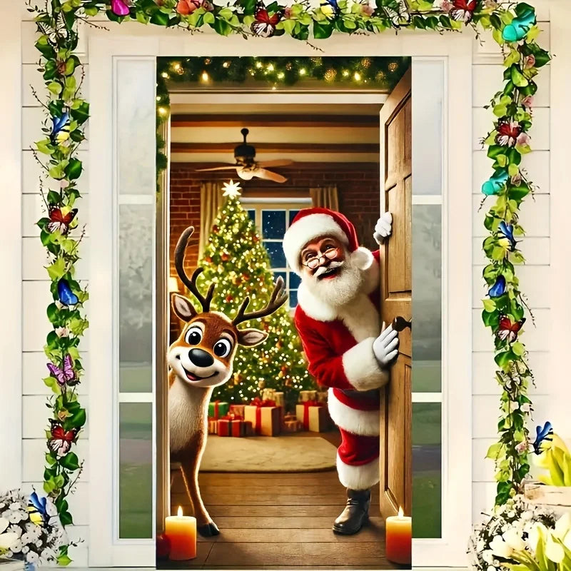 Winter Santa Claus Christmas Deer Door Cover Decoration Hanging Door Banner Winter Cute Outdoor Xmas Backdrop Christmas