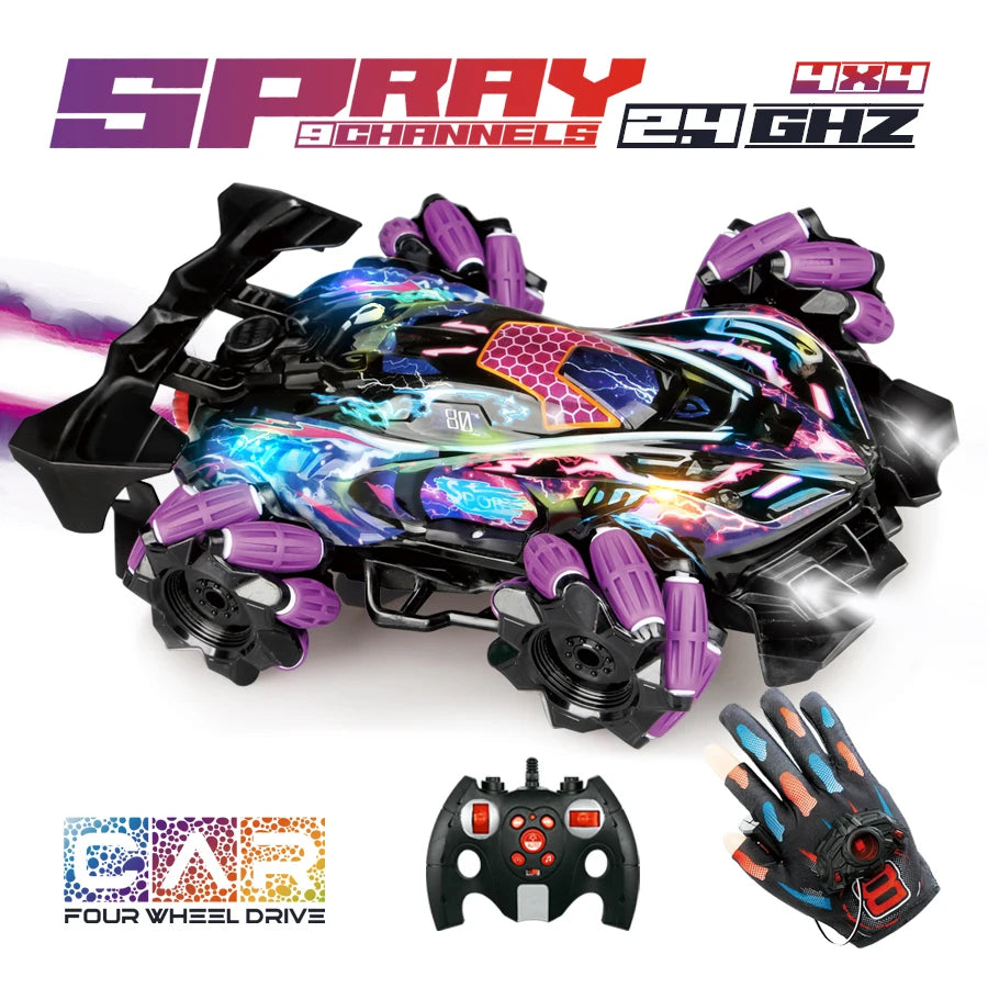 4Wd Rc Stunt Car with Sprayer & Namu Wheels, 2.4g Remote Control Drift Vehicle, Colorful Led Lights & Sound Off-Road Toys Gift F