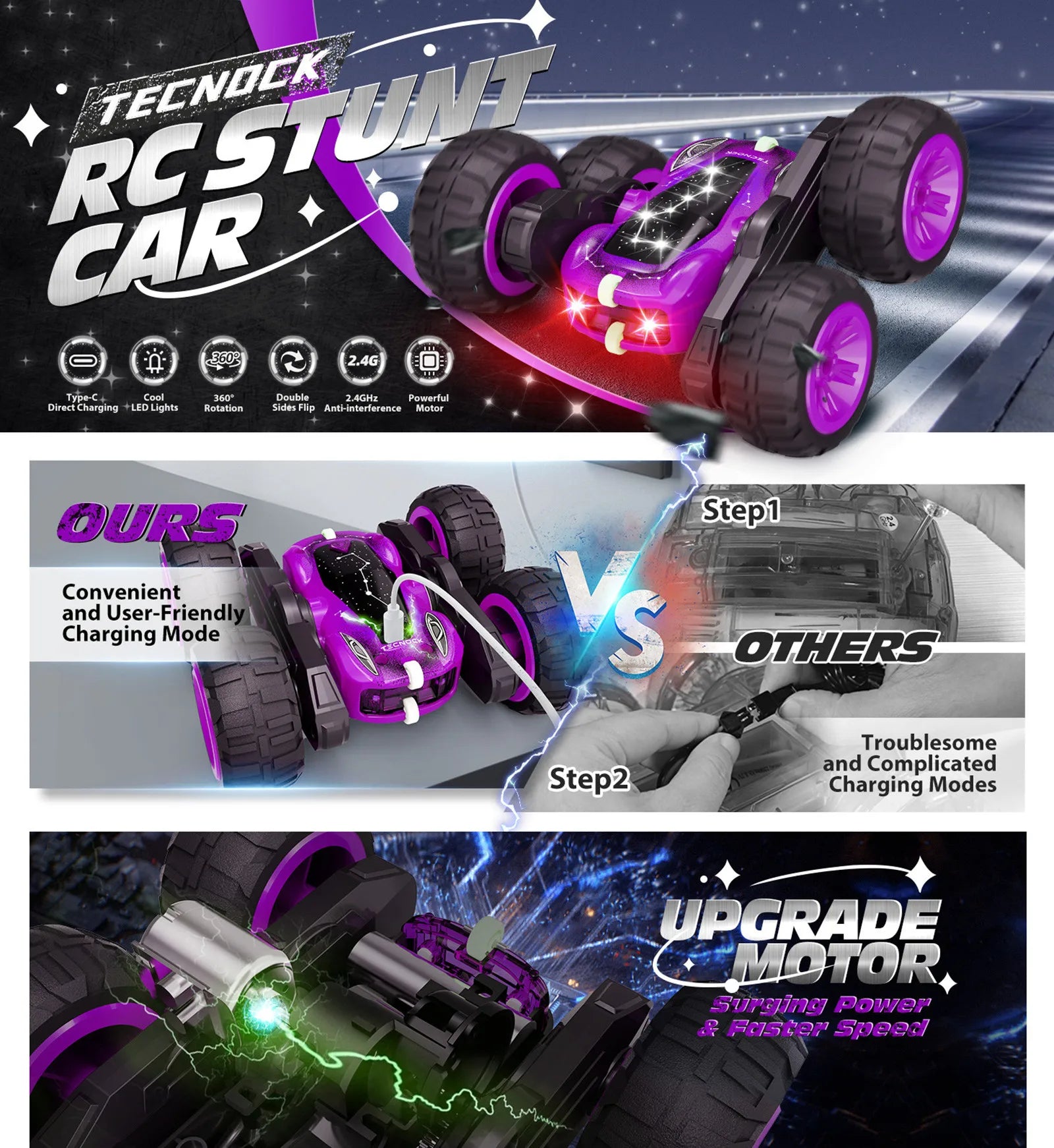 Remote Control Car with Lights, Type-C Fast Charging, 2.4GHz Double Sided Flips RC Cars, 360° Rotates RC Stunt Car Toys for Kids
