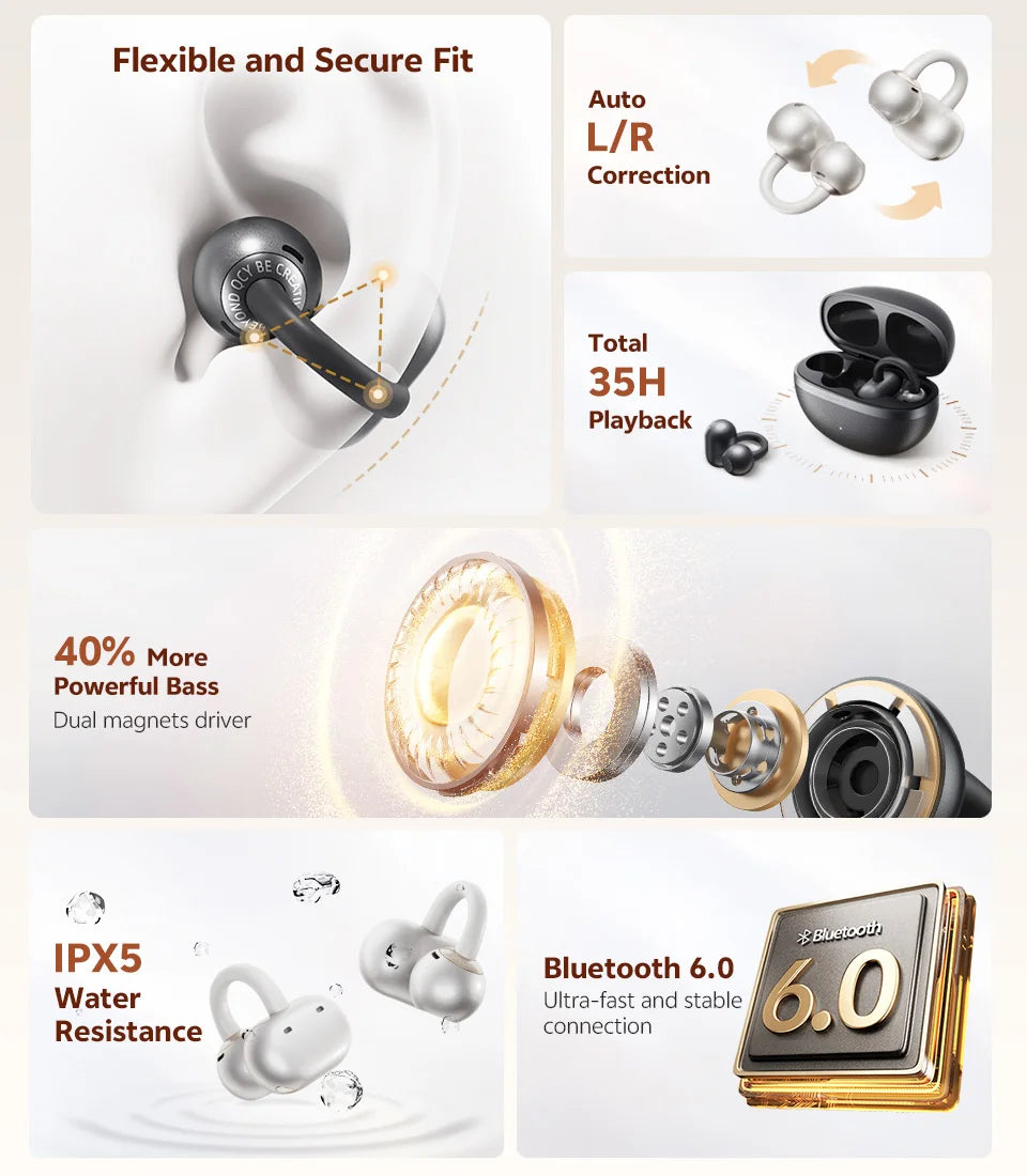 QCY Crossky C50 Open Ear Wireless Earbuds Bluetooth 6.0 Comfort Clip On Sports Earphone 4 Mic AI Clear Call Bass Boost Headphone