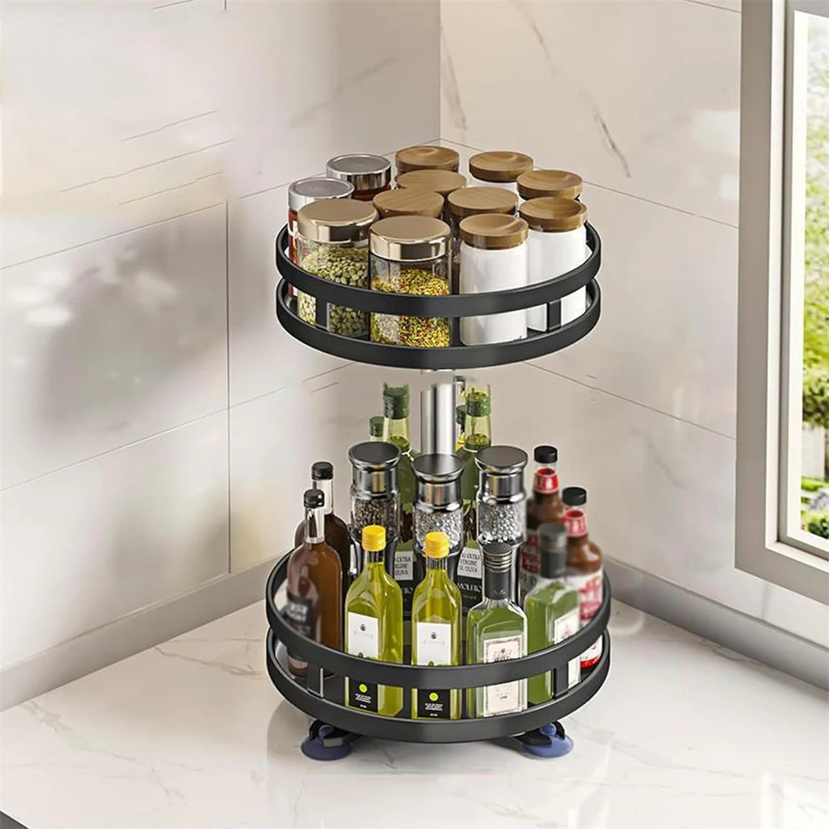 360°Rotation Spice Rack Organizer Jar Cans For Kitchen Accessories Non-Skid Carbon Steel Storage Tray For Seasonings And Spices