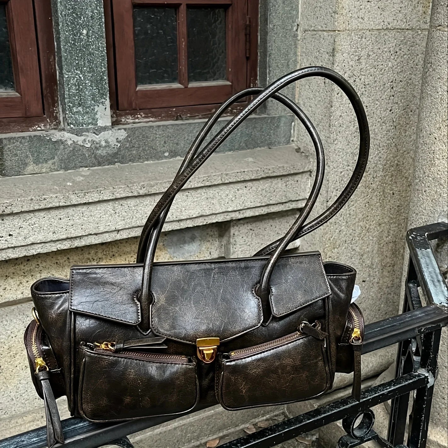 Y2K Style Large Bowling Bag Chic Boston Handbag Solid Color Motorcycle Crossbody Shoulder Bag Women's Vintage Underarm Bag