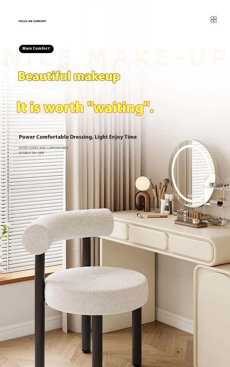 Cloud Vanity Stool Plush Lambwool Round Silhouette, Bedroom Makeup Chair with Designer Cloud Aesthetic Ergonomic Lumbar Support