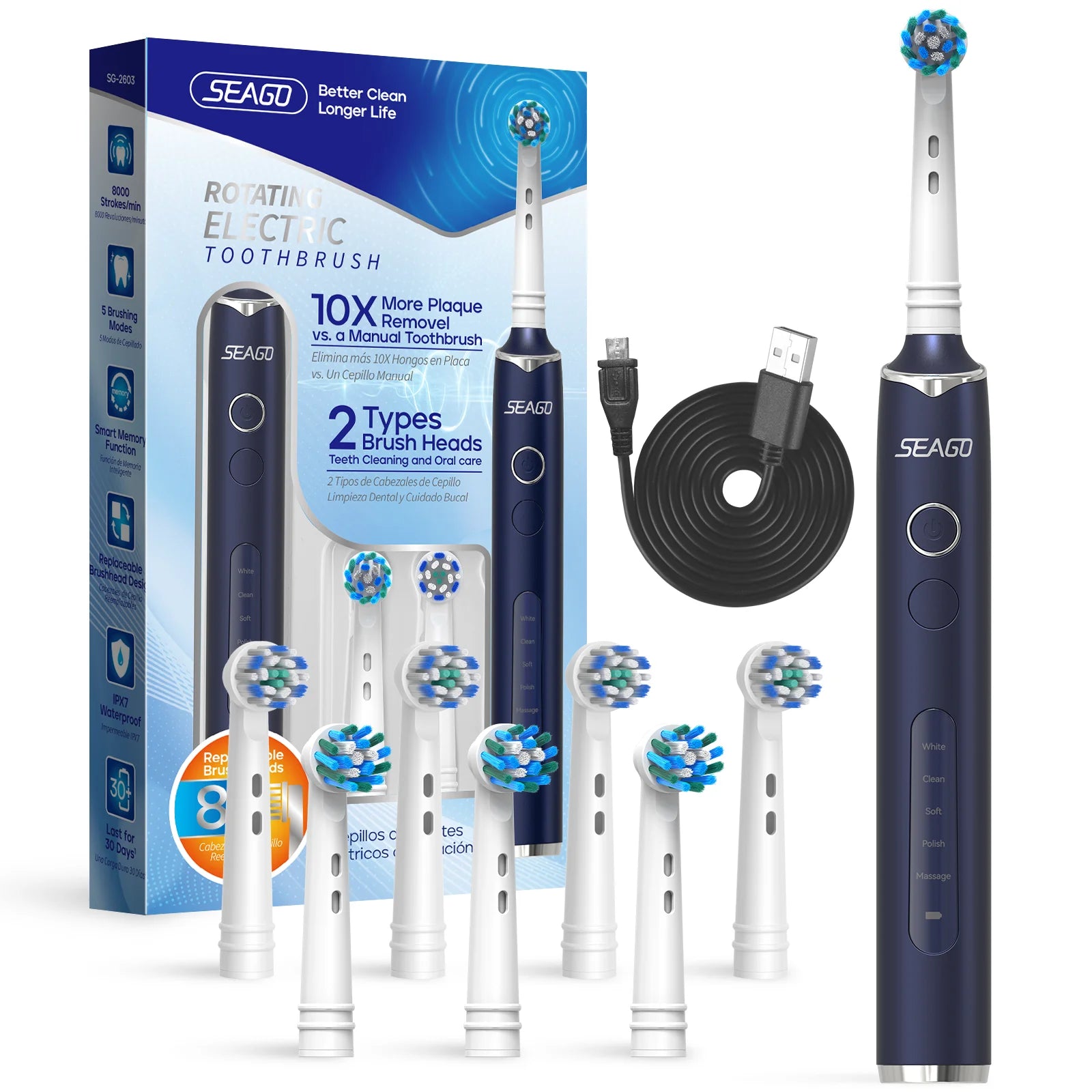 Seago Rotating Electric Rechargeable Toothbrush Teeth Cleaning with 8 Brush Toothbrush Heads 5 Modes Portable Smart Timer