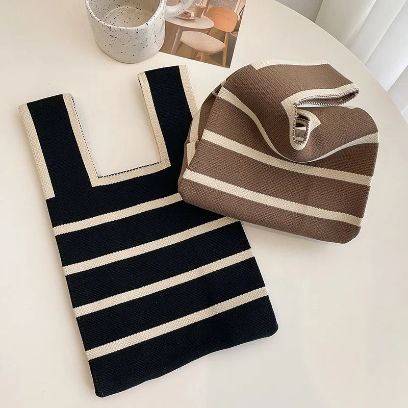 Women Handmade Knitted Small Handbag Casual Wrist Bag Wide Stripe Stripe Shopper Mini Tote Student Reusable Shoulder Bag