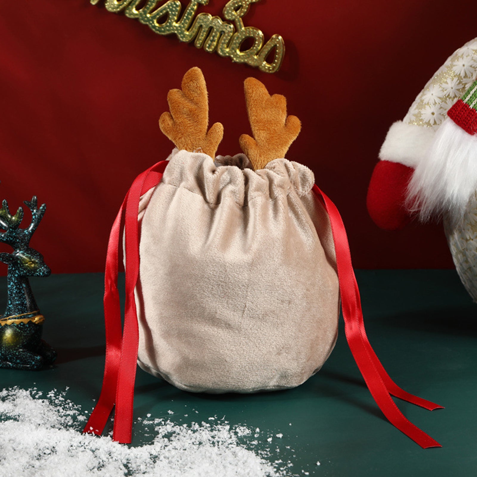 5/10 Christmas Reindeer Drawstring Gift Bag, Reusable Velvet Santa Claus Candy Gift Bag, Party Gift Decoration