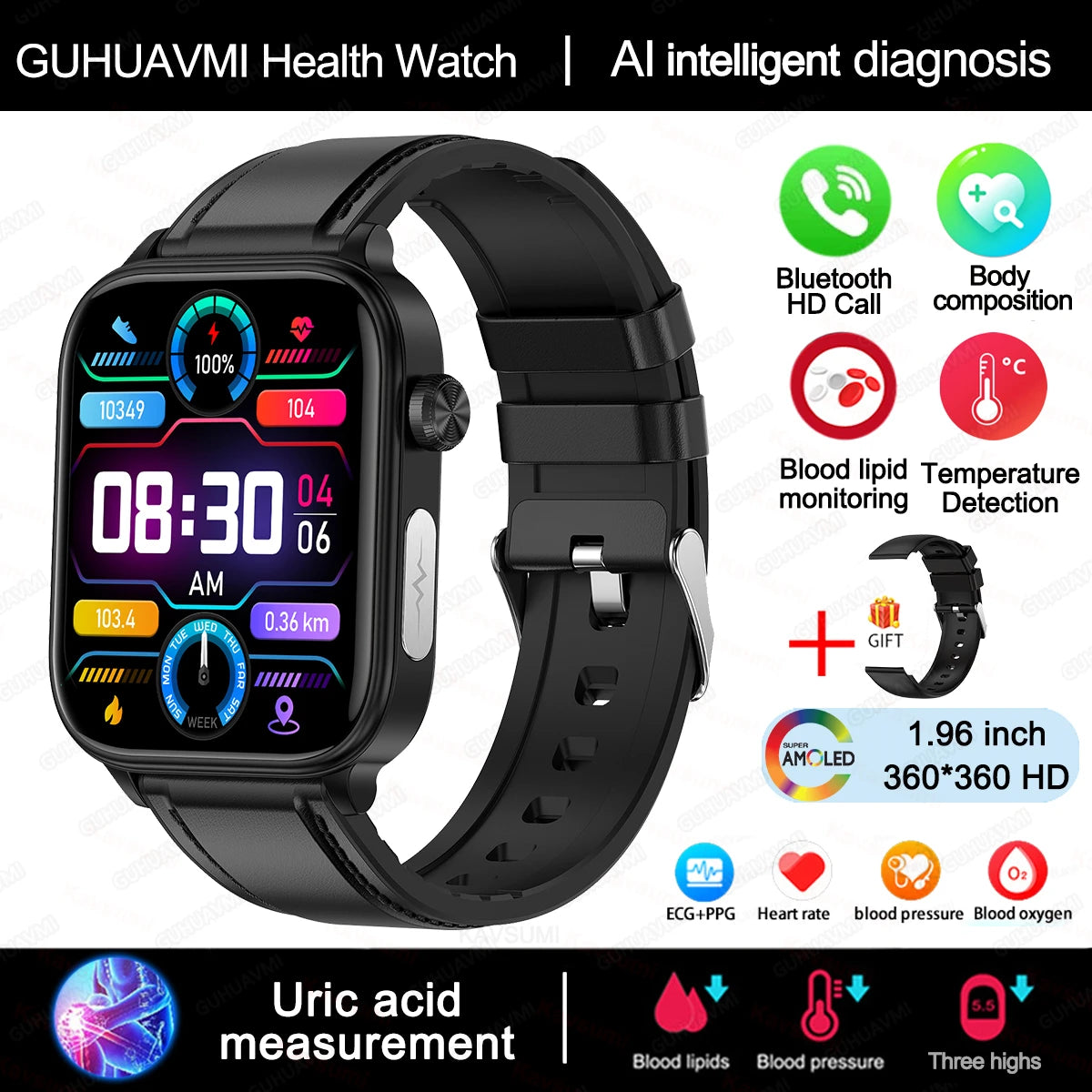 2025New Al Medical Diagnosis Blood Lpids Uric Acid Blood Glucose Smart Watch Men ECG+PPG Voice Bluetooth Call Health Smartwatch