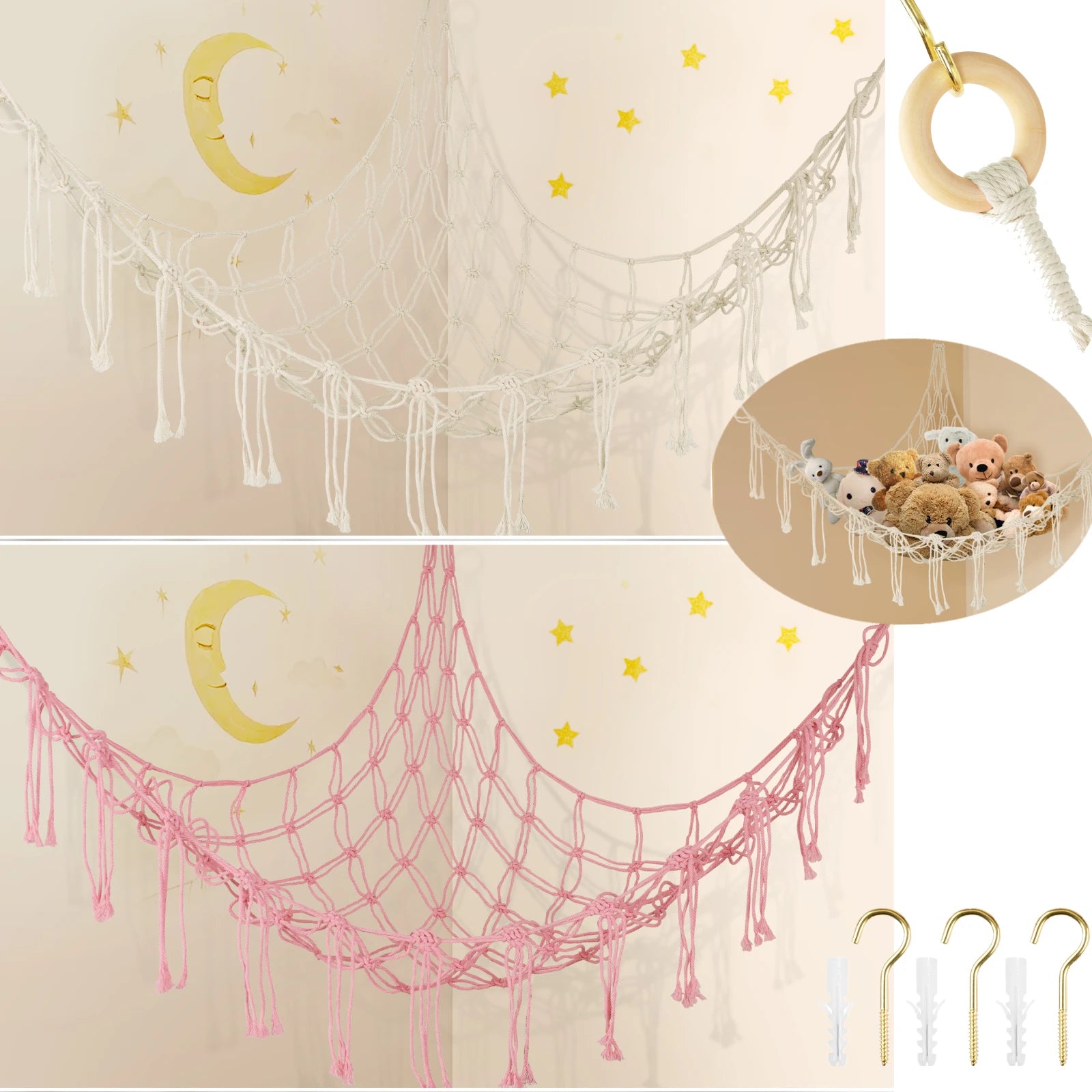 Plush Toy Hammock Large Capacity Stuffed Animals Organizer Net Macrame Tassels Boho Home Wall Decoration Hanging Basket