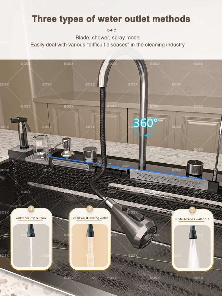 Kitchen Sink Stainless Steel Waterfall Sinks Extra Large Single Slot with Digital Display Faucet Set For kitchen