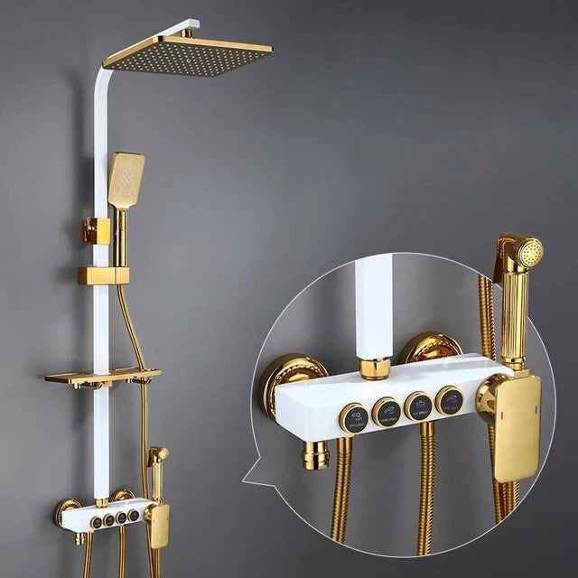 KEMAIDI Black Gold Shower Faucet Set Bathtub  4-way Mixer  Tap with Bidet and Shelf  Bathroom Rainfall Shower Systerm Wall Mount