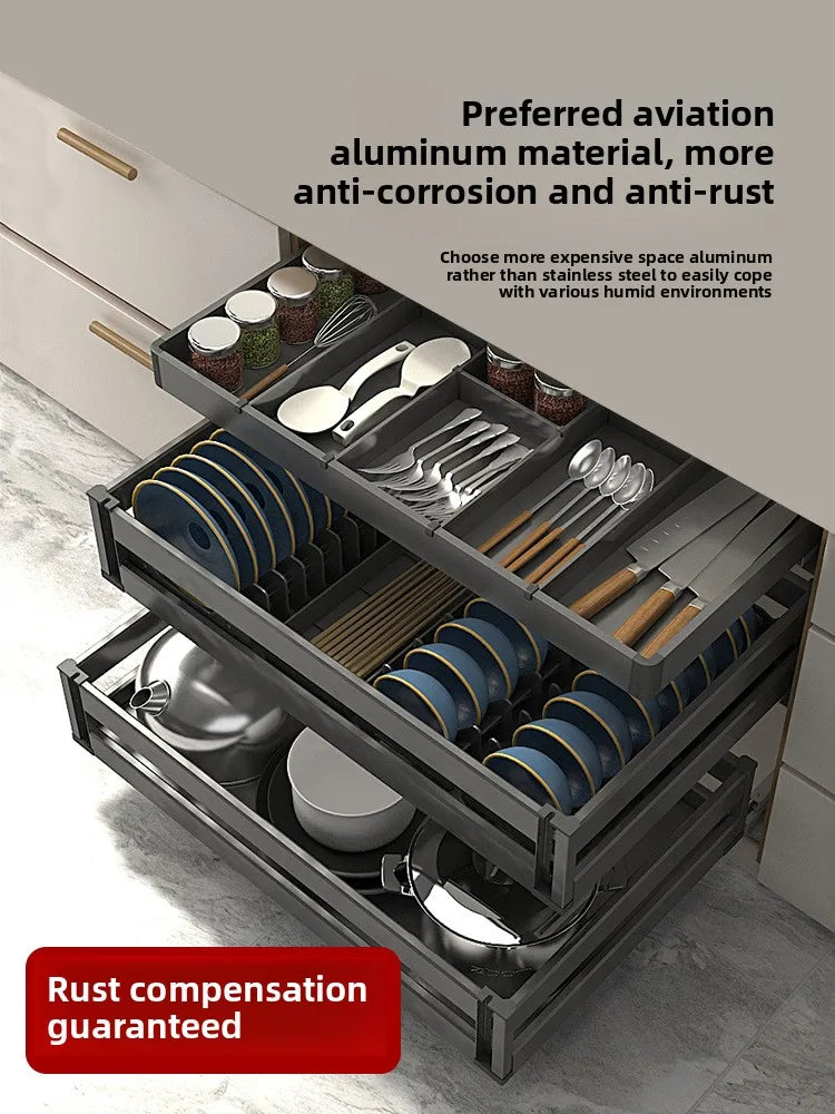 Kitchen Cabinet Aluminum Alloy Basket Three-layer Drawer Dish Rack Blue Rack Inside Cabinet