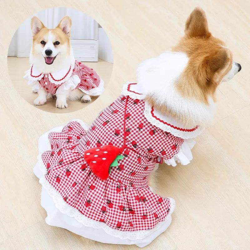 Strawberry Dress For Dogs Summer Spring Cute Plaid Female Girl Puppy Pet Cat Apparel Clothes Yorkie Chihuahua Small Medium Pugs