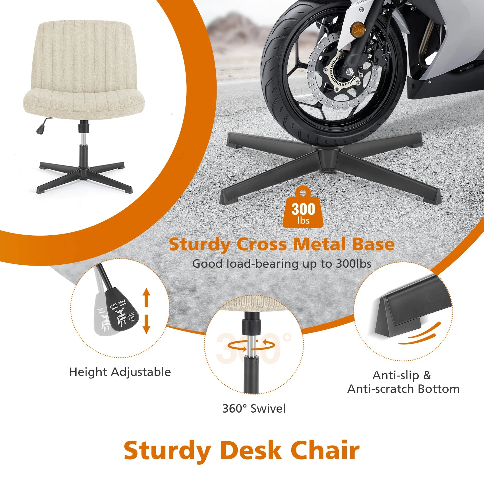 Armless Office Chair Adjustable Swivel Rocking Gaming Cross Legged Wide Desk Fabric