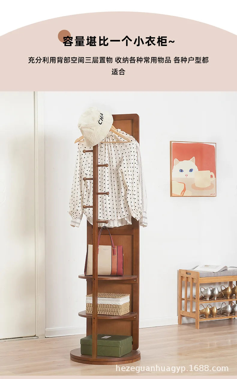 Solid Wood Full Body Floor Mirror for Home Bedroom Rotatable Movable Dressing Room Mirror with Clothes Hanger