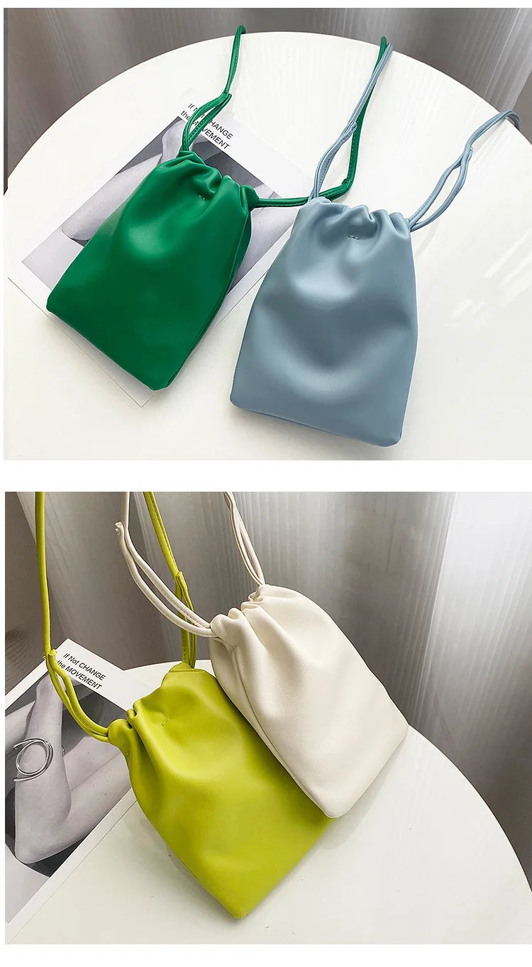 Casual Drawstring Bag Style Women Crossbody Bag Candy Color Lady Mini Bucket Bag for Mobile Phone Female Shoulder Purse Wallet