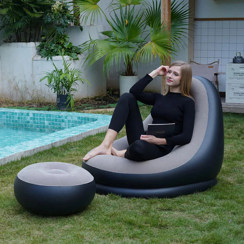 Lazy Inflatable Lounge Chair Pvc Flocking Sofa with Foot Stool Folding Portable Outdoor Camping Air Couch Sofa