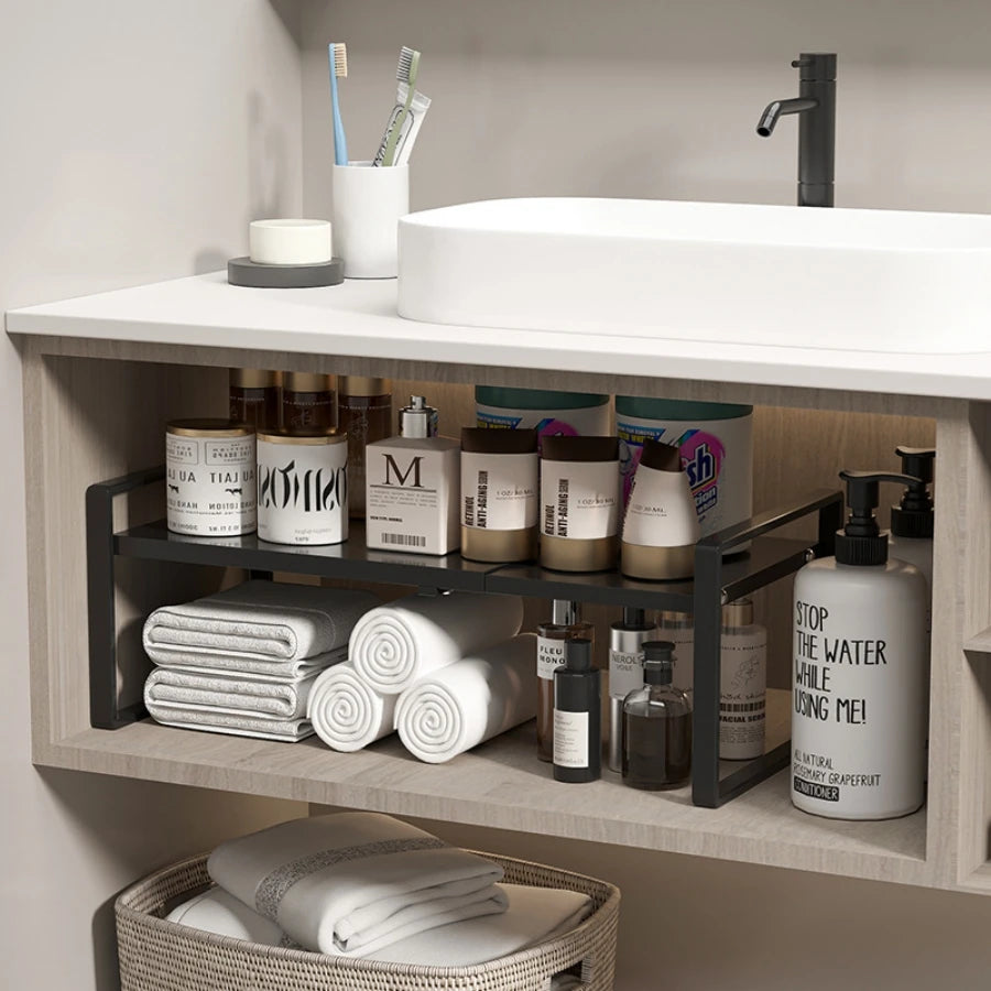 Kitchen cabinet multi-level shelf storage rack, seasoning storage rack, expandable home storage space, heavy-duty metal black