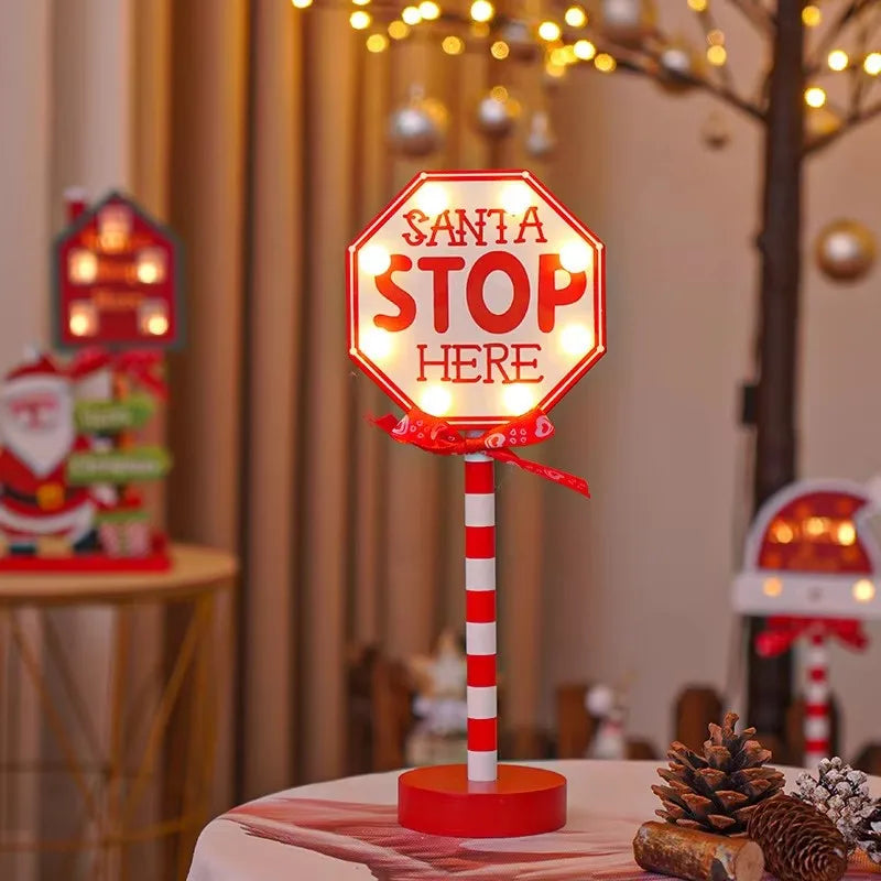 Christmas Retro Lamp LED Light Santa Stop Here Street Sign Xmas Wooden Desktop Home Decoration Navidad 2025 New Year Kids Gift