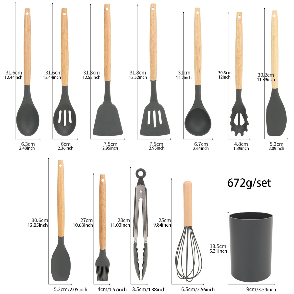 12Pcs Silicone Kitchen Utensils Spatula Shovel Soup Spoon Cooking Tool with Storage Bucket Non-Stick Wood Handle Kitchen Gadgets