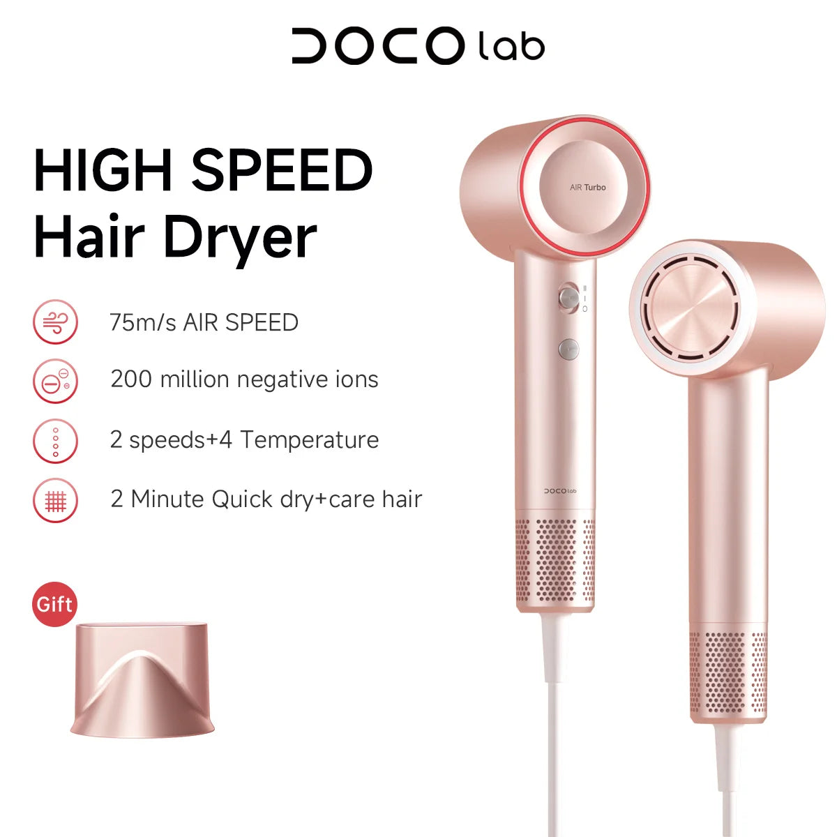 DOCO Hair Dryer High Speed 200 million Negative Ions Hair Care Professional Lightweight Home Travel Gift 110000 Rpm