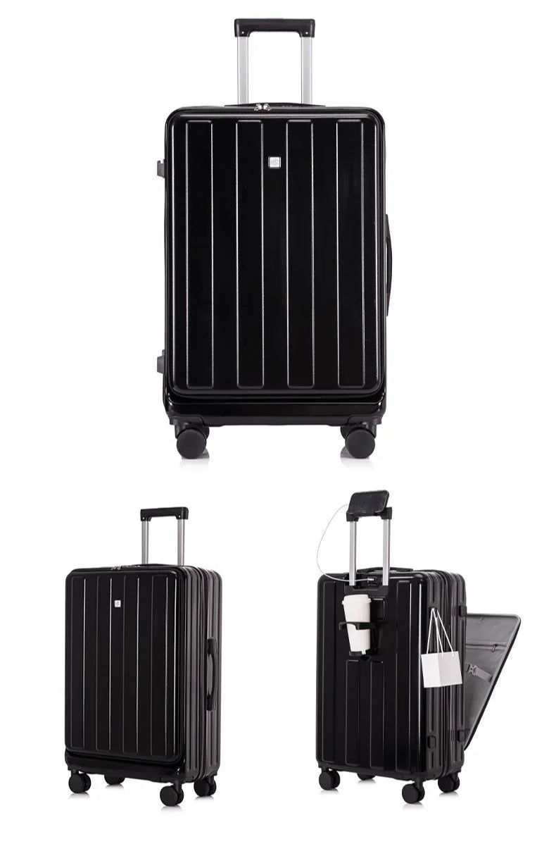 Multifunction Large Capacity Luggage Business Carry on Boarding USB Charging Cup Holder Front Opening Lid Trolley Suitcase
