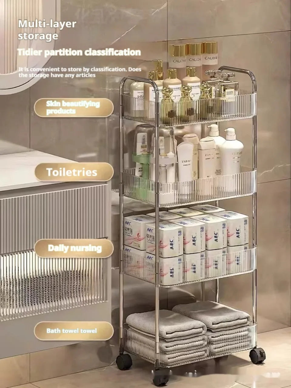 3 Layers Transparent Storage Rack Trolley Acrylic Rolling Cart with Hanging Basket Bathroom Acrylic Makeup Bookshelf organizer