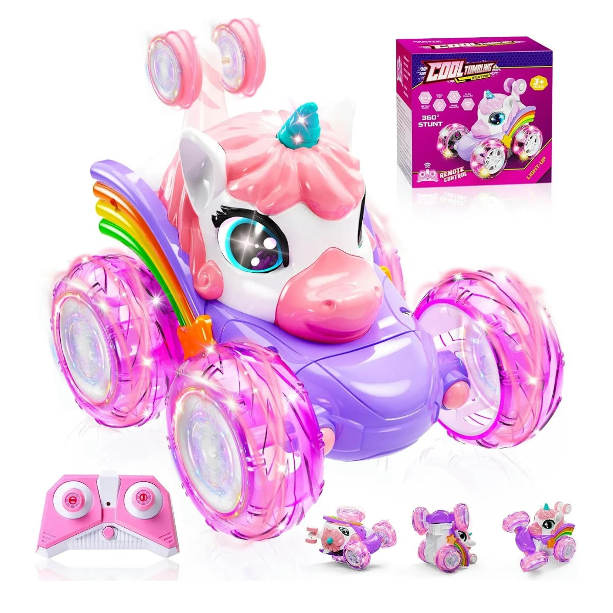 Unicorn Remote Control Car for Girls, 360° Rotating 4WD Stunt RC Cars with Cute Lights, Rechargeable Toys-Kid Birthday Gifts