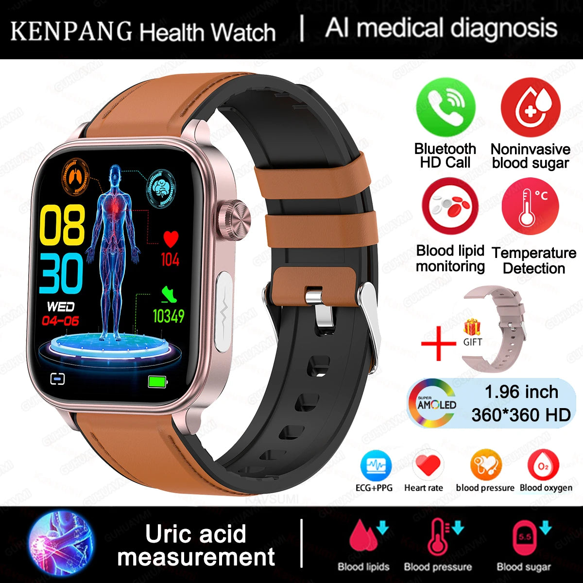 2024 New ECG+PPG Medical Grade Smart Watch Men Blood Glucose Blood Lipid Uric Acid Monitoring Bluetooth Call Health Smartwatches