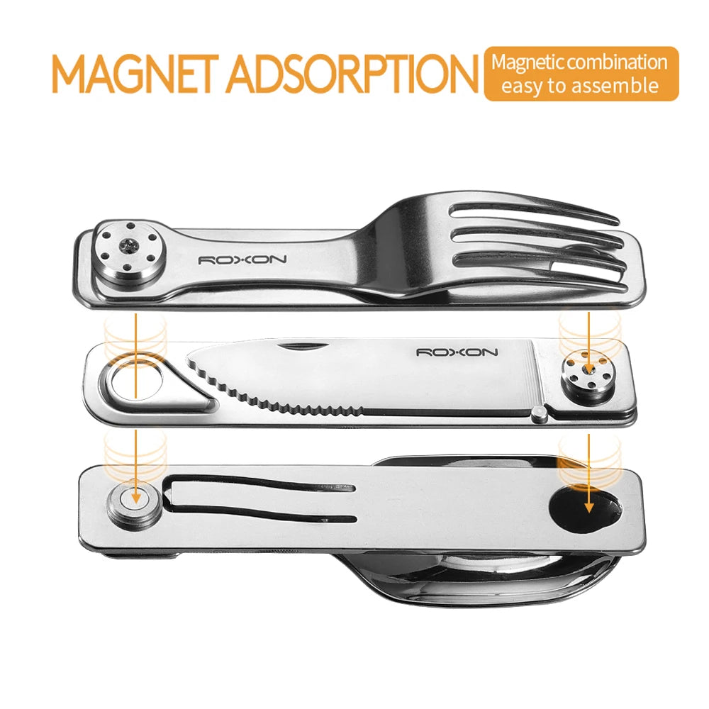 ROXON 3 IN 1 Camping Cutlery Set Knife Fork Spoon Stainless Steel Portable and Detachable