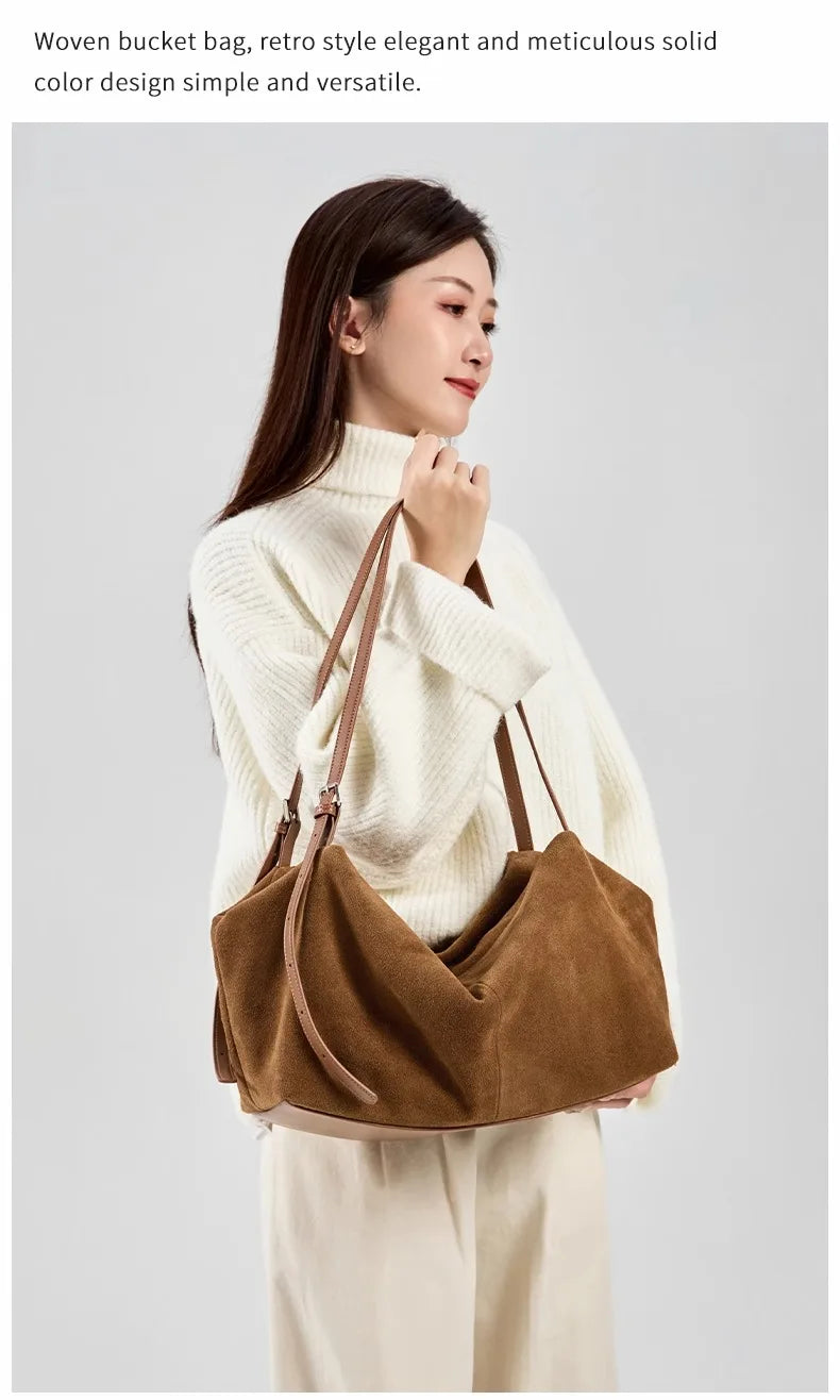 Women's Suede Cow Genuine Leather Shoulder Bags Ladies Soft Cowhide Crossbody Bag Female Design Luxury Lazy Commuting Handbag
