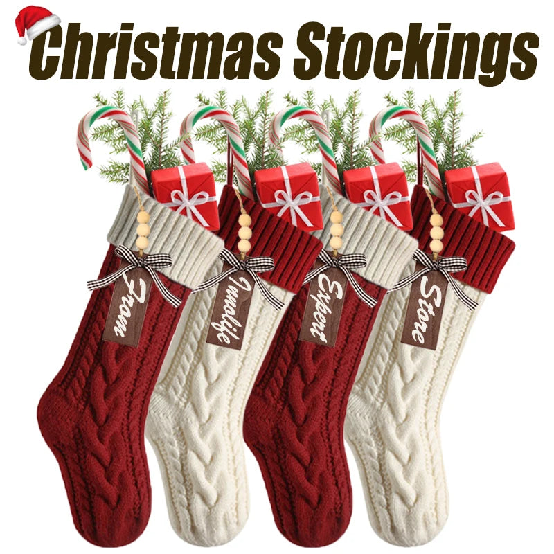 4-12PACK Christmas Stockings 18Inches Large Cable Knitted Stocking Xmas Hanging Stocking Decorations with Name Tags