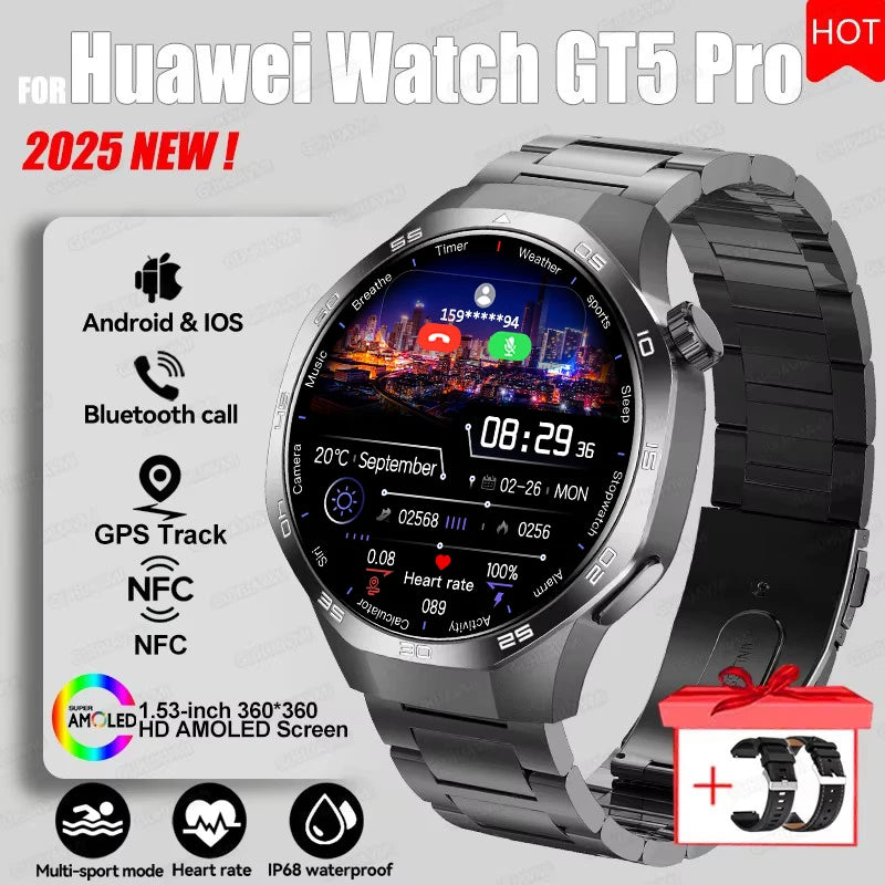 2025 New GT5 Pro GPS Track Compass Smart Watch Men 360*360 AMOLED Screen NFC BT Call Waterproof Health Monitor Man Smartwatches