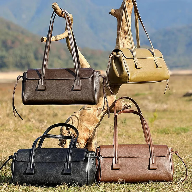 2025 New Genuine Leather Women's Shoulder Bag Large Capacity Cowhide Luxury Handbag Long Strip Black Baguette Bag Female