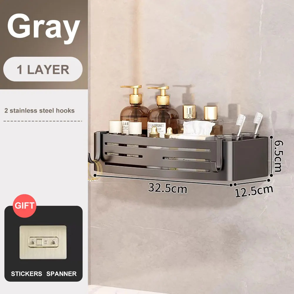 1-2PCS Bathroom Corner Shelf with Plastic Hook Towel Bar No Drill Space Aluminum Shower Storage Rack Bathroom Organizer