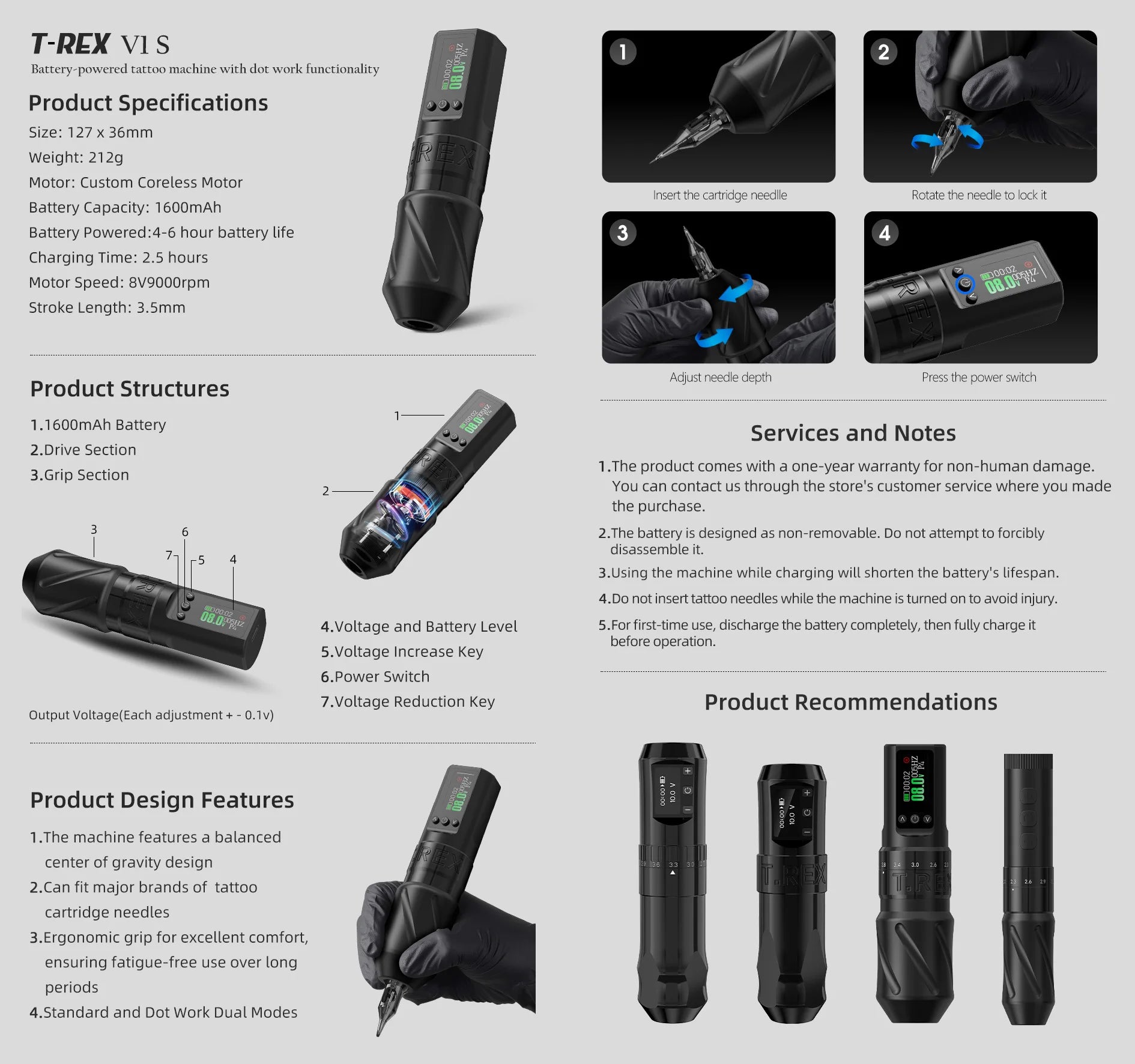 T-Rex wireless tattoo machine multi-functional tattoo pen with 1600mAh tattoo battery, rotary tattoo pen 3.5mm stroke length