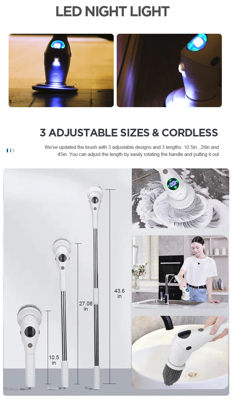 Electric Spin Scrubber 8 in 1 Cordless Cleaning Brush with Type C USB Port 3 Adjustable Speed LED Display For Bathroom Tub Tile