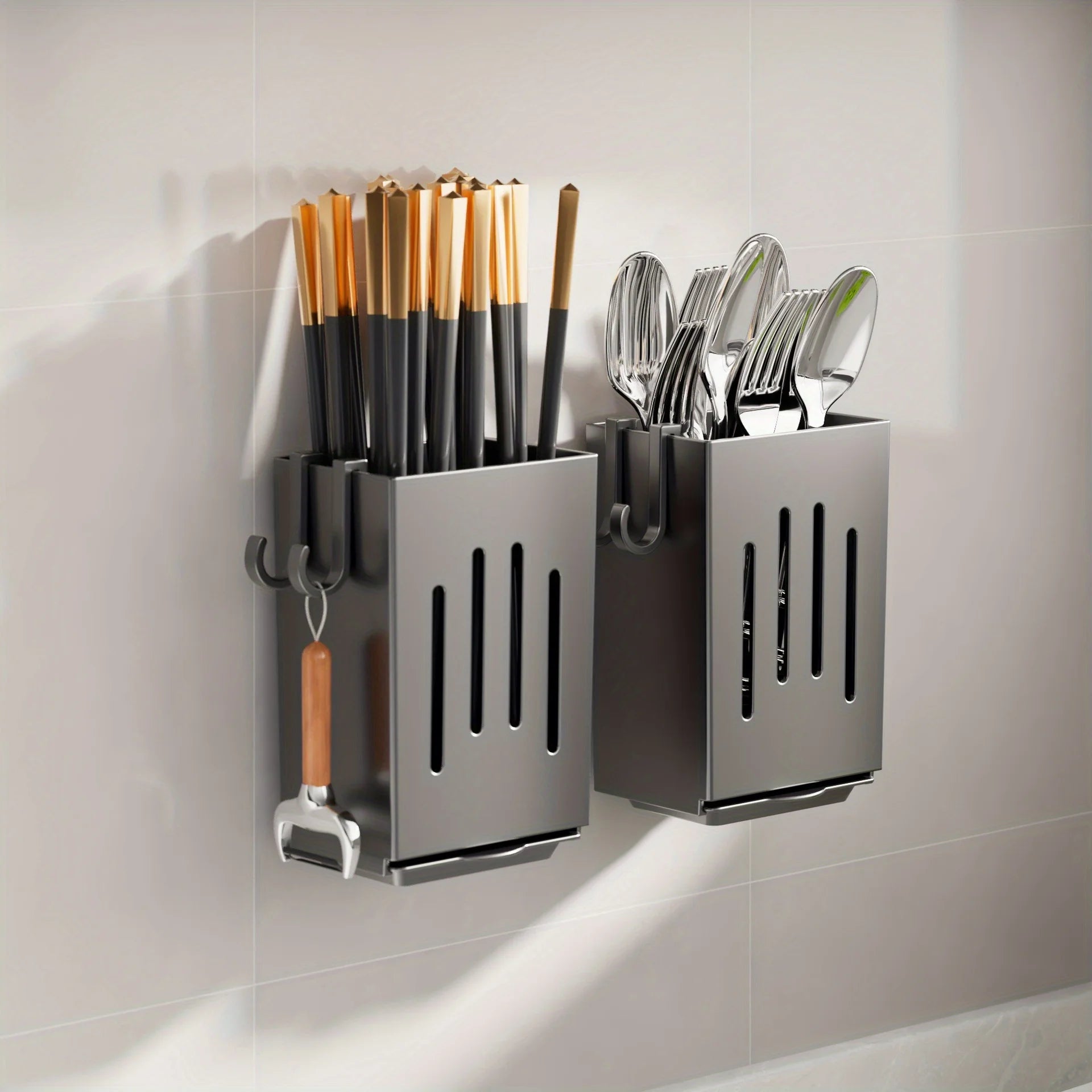 1pc Kitchen Chopsticks Holder Multifunctional Hanging Utensil Drying Rack Hooks No Drilling Wall Mounted Spoon Fork Holders