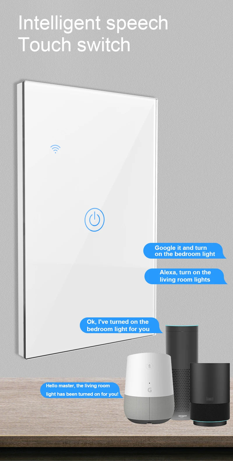 WiFi&Buletooth US Standard Touch Panel Switch Smart Switch Panel 1/2/3/4 Way Works With Tuya Compatible with Google Home