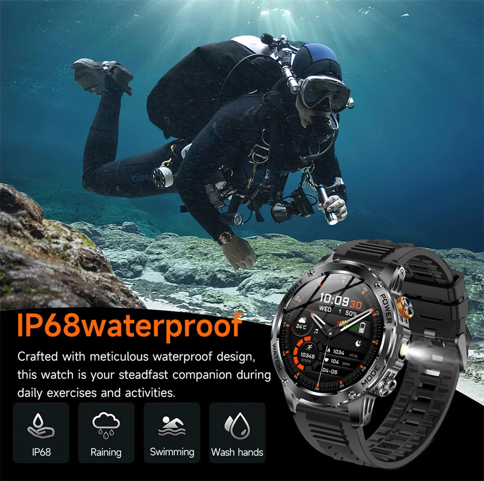 LIGE Military Smart Watch Men 1000mAh Battery Outdoors LED Flashlight Waterproof Heart Rate Sport BT Call 1.7" AMOLED Smartwatch
