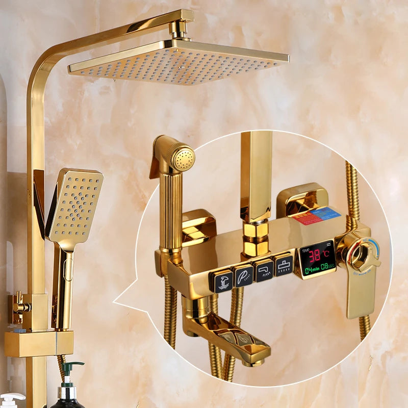 Thermostatic Digital Bathroom Shower Set Rainfall Shower Head Brass Bathroom Faucet Accessories Hot Cold Digital Shower System