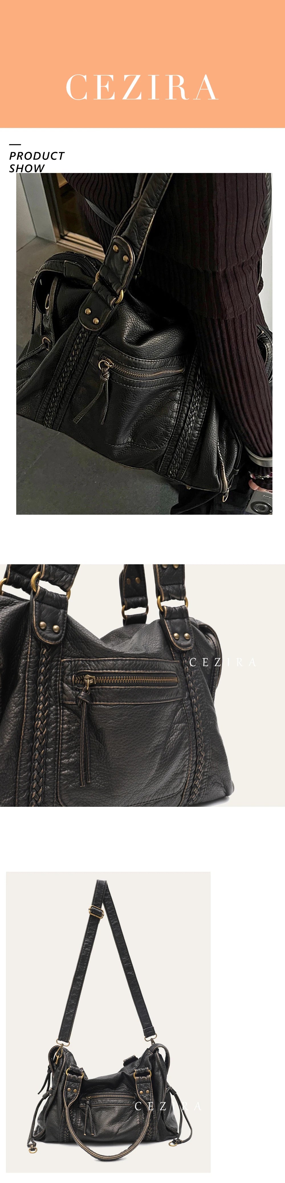 Vintage Washed PU Leather Large Capacity Tote Zip Pockets Braid Decor Shoulder Cross body Bag Unisex Women Daily Travel Handbag