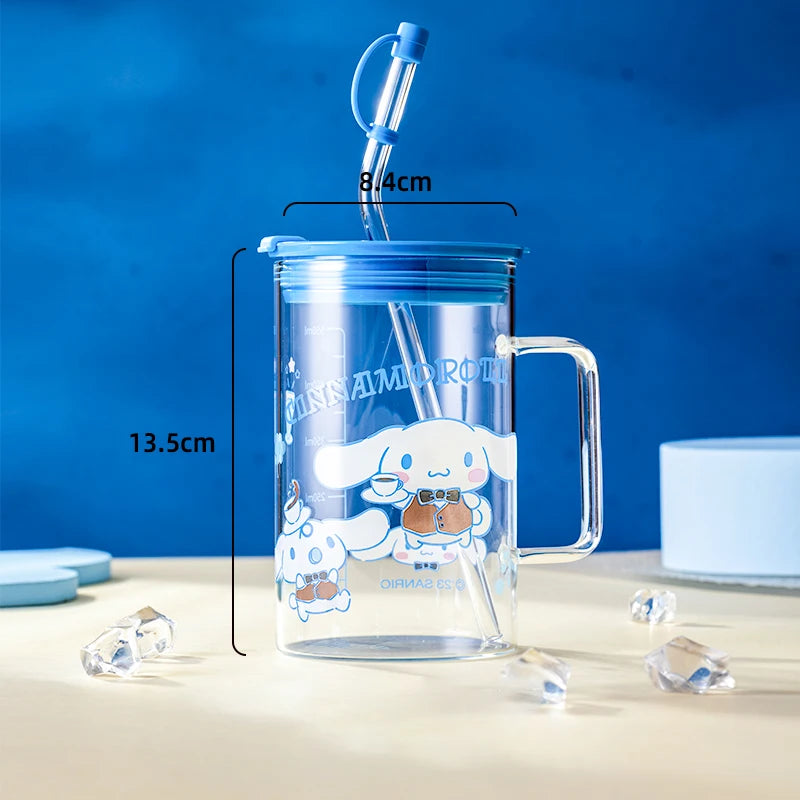 For Sanrio Collaboration Straw Glass Cup Transparent Coffee Mug Cartoon Print Water Cup with Scale＆Handle Home/Office Drinkware