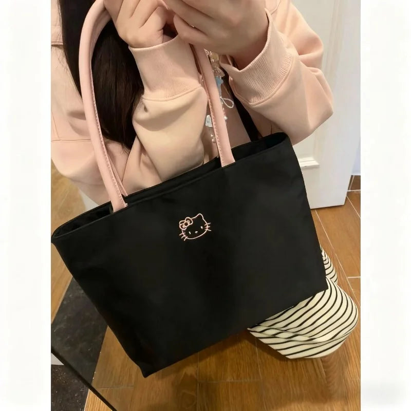 Cute cartoon embroidery large capacity shopping bag, fashionable and versatile shoulder bag, fashionable women's black handbag