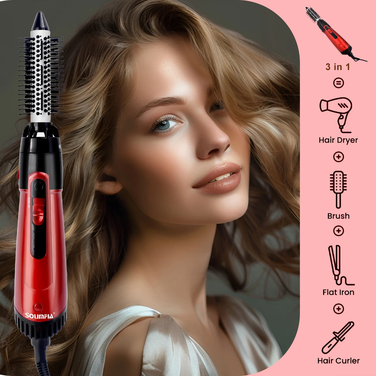Solimpia 3-Head Hot Air Brush Hair Dryer Strong Wind Electric Straightener Curler Roller Comb Blower Styling Tool for Woman 800W