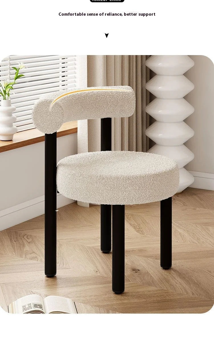 Cloud Vanity Stool Plush Lambwool Round Silhouette, Bedroom Makeup Chair with Designer Cloud Aesthetic Ergonomic Lumbar Support