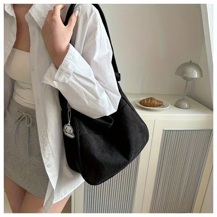 Women’s Corduroy Shoulder Bag Casual Striped Large Capacity Tote with Zipper Closure, Cute Hat Patch, Perfect for Everyday Use